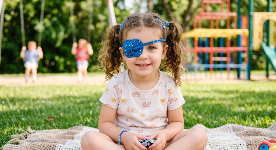 Child wearing an eye patch for amblyopia therapy